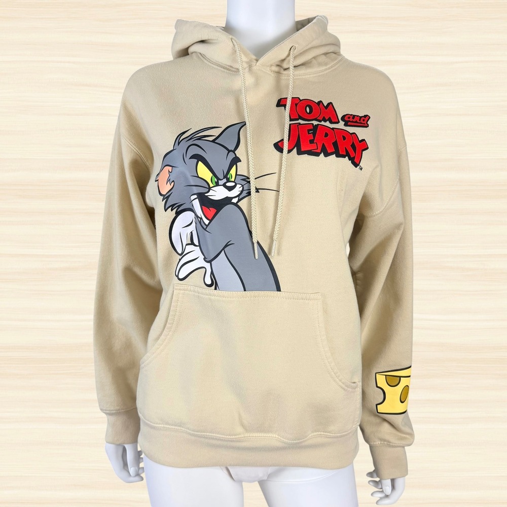 Tom and Jerry Beige Graphic Hoodie Cartoon Cheese Mouse Trap Pullover Womens S